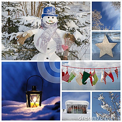 Christmas collage in blue - ideas for decoration or a greeting c Stock Photo