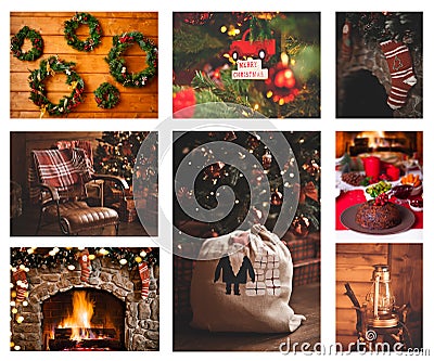 Christmas collage with eight photos. Fireplace, toys, socks, lamp Stock Photo