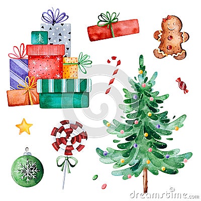 Christmas collection with Christmas tree,candy,gifts and other decorations. Cartoon Illustration