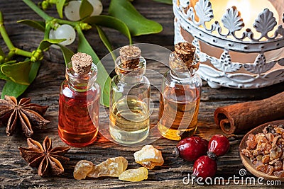 Christmas collection of essential oils with frankincense, myrrh Stock Photo