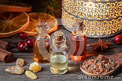 Christmas collection of essential oils with frankincense, myrrh Stock Photo