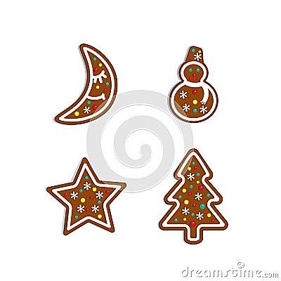 Christmas collection. Gingerbread moon, star, snowman and fir tree. Vector Illustration