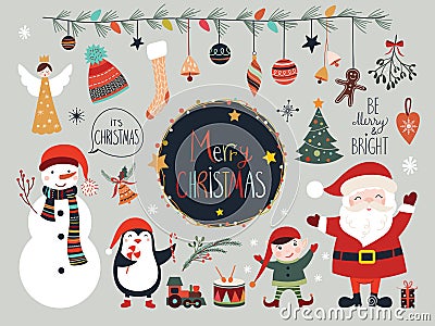 Christmas collection with seasonal elements, Santa and snowman Vector Illustration