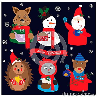 Christmas collection stickers with funny animals Vector Illustration