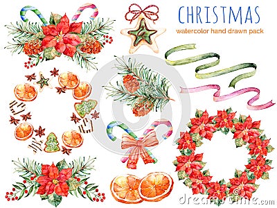 Christmas collection:wreaths,poinsettia,bouquets,orange,pine cone,ribbons,christmas cakes Stock Photo