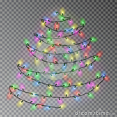 Christmas color tree of lights string hanging on wall. Transparent effect decoration isolated on dar Vector Illustration