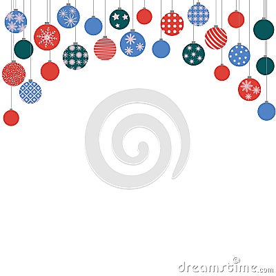 Christmas colored balls hanging from above. Vector Illustration