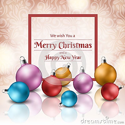 Christmas colorful ball set with red frame for holiday messages Vector Illustration