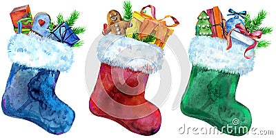 Christmas colorfull socks with gift and white fur. Watercolor illustration. Isolated Cartoon Illustration