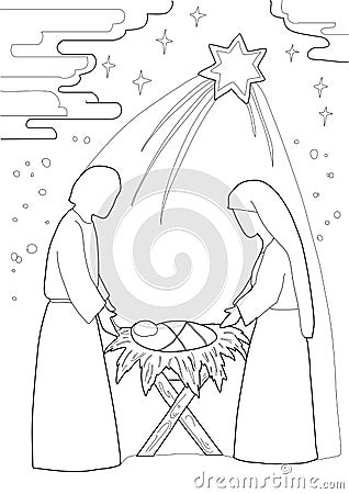 Christmas. Coloring page with baby Jesus, Mary Joseph, three wise men. Black and white Vector Illustration