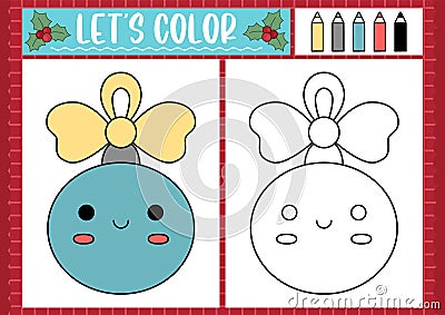 Christmas coloring page for children with cute kawaii colored ball. Vector winter holiday outline illustration. Color book for Vector Illustration
