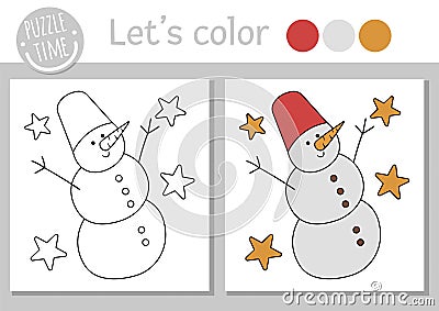 Christmas coloring page for children. Funny snowman. Vector winter holiday outline illustration with cute snow man and stars. New Vector Illustration