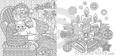 Christmas Colouring Pages. Coloring Book for adults. Santa Claus with a cat. New Year background. Vintage Xmas ornaments Vector Illustration