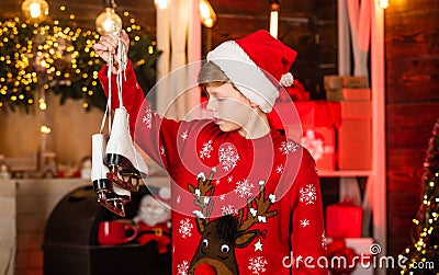 Christmas coming. Christmas mood concept. Santa claus kid. Happy winter holidays. Small boy. Little boy child in santa Stock Photo