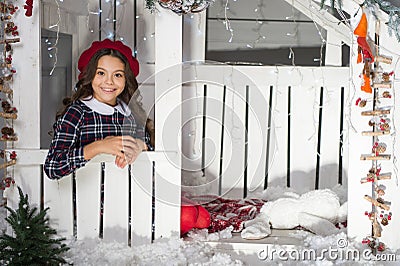 Christmas is coming. winter holiday and vacation. kid in french beret. child enjoy christmas composition. happy Stock Photo
