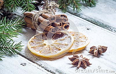 Christmas composition with anise stars, pine cones and dried orange Stock Photo