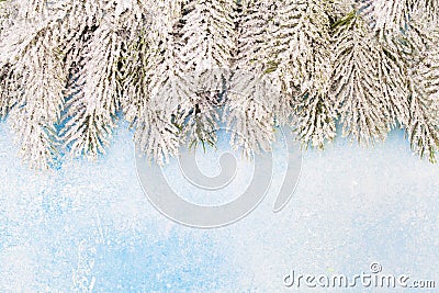 Christmas composition. Beautiful Xmas card background border with snowy winter fir branches Stock Photo