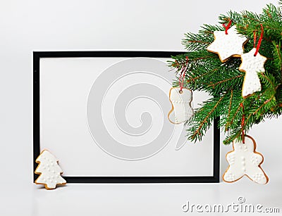 Christmas composition. Black frame and branches christmas tree Stock Photo