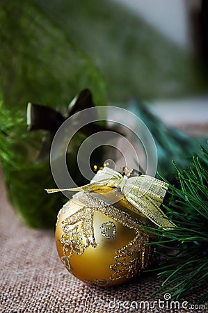 Christmas composition with burning candle and decorations Stock Photo