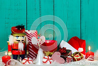 Christmas composition with candles and holiday decor Stock Photo