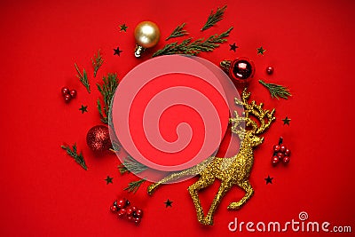 Christmas composition. Christmas gold and red decorations on a red background. Place for text Stock Photo