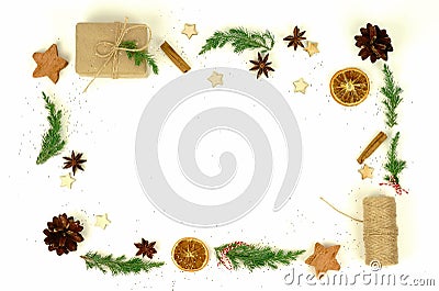 Christmas composition. Frame, branches, Stock Photo