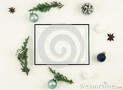 Christmas composition. Frame, branches, Stock Photo