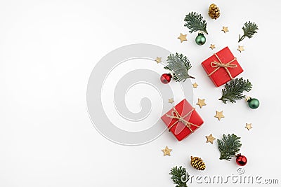 Christmas composition. Christmas gift, branches on white background. Flat lay, top view, copy space Stock Photo