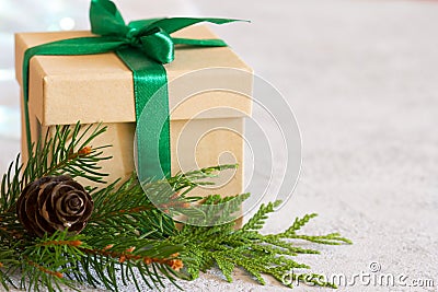 Christmas composition. Christmas gift, jute, pine cone and fir twigs on light background Stock Photo