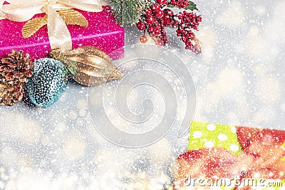 Christmas composition. Gift, for tree branches, New year decoration, snowflakes. Stock Photo