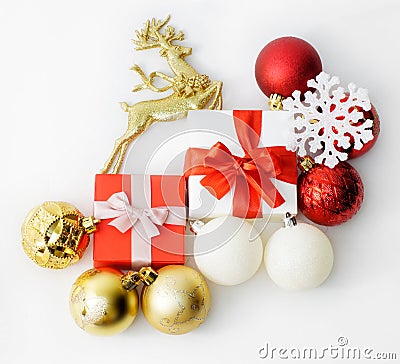 Christmas composition with gifts, reindeer, balls and snowflakes. Stock Photo