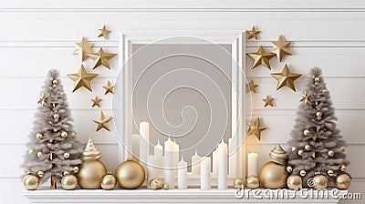 Christmas composition with gold mock up poster frame, white chimney and decoration. generative ai Stock Photo