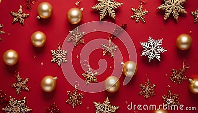 Christmas composition made of christmas gold decoration on red background. v7 Stock Photo