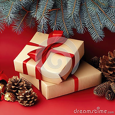 Christmas composition of pine cones, spruce branches and stack of gift boxes on red background Stock Photo