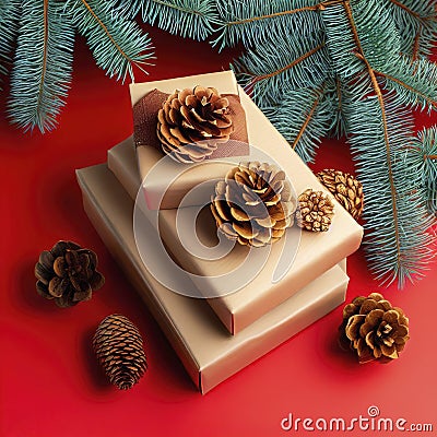 Christmas composition of pine cones, spruce branches and stack of gift boxes on red background Stock Photo