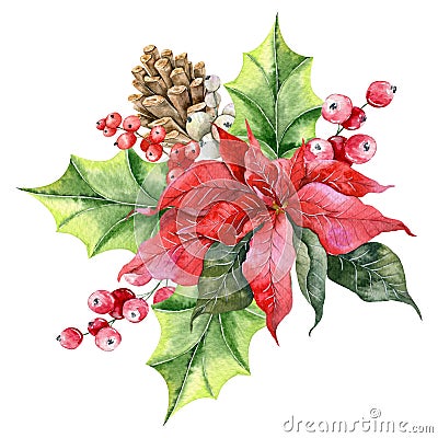 Christmas Composition with Poinsettia, Greenery and Sweets Hand Painted Watercolor Illustration Stock Photo