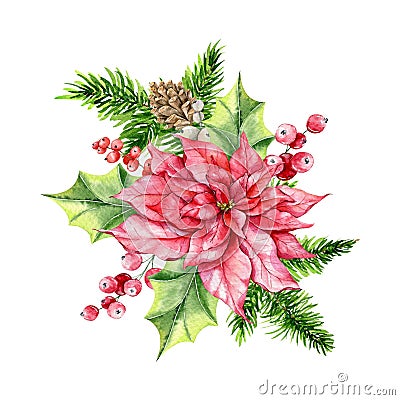 Christmas Composition with Poinsettia, Greenery and Sweets Hand Painted Watercolor Illustration Stock Photo