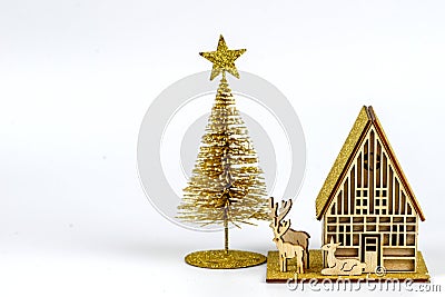 Christmas composition. small Christmas tree, and craft decorations on a white background. New Year concept. Stock Photo