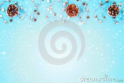 Christmas composition from Christmas tree toys. White decor on a blue background. Copy space, flat lay, top view. Stock Photo