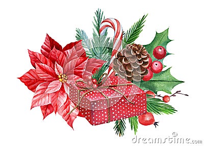 Christmas composition, watercolor drawings. flowers, spruce branches, holly, lollipops, gift Cartoon Illustration