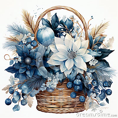 Christmas composition. White poinsettia flowers in a basket.Created by AI Stock Photo