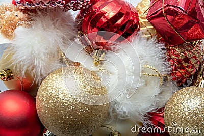 Christmas composition on a white sheet with a Christmas tree balls and angels Stock Photo