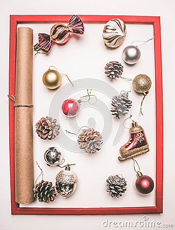 Christmas concept, Christmas tree twigs and Christmas tree cones on a white background flat lay Stock Photo