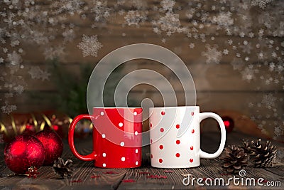 Christmas concept composition with a mug on a wooden table. Stock Photo