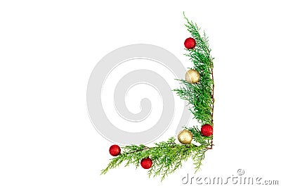 Christmas concept made of evergreen branches and balls decoration on white background. Flat lay, top view Stock Photo