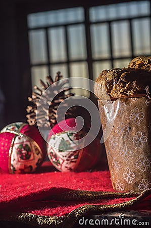 christmas concept with panettone and soft toys , window to funff and copy space Stock Photo