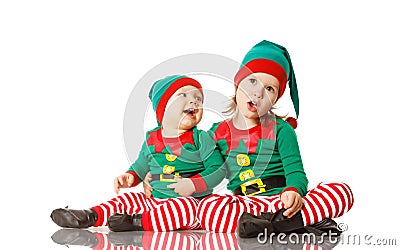Christmas concept two children cheerful elf isolated Stock Photo