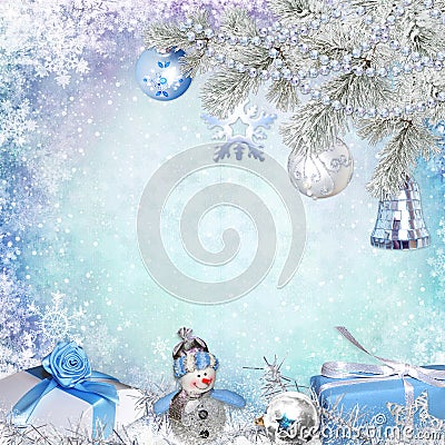 Christmas congratulatory background with pine branches, gifts and Christmas decorations Stock Photo