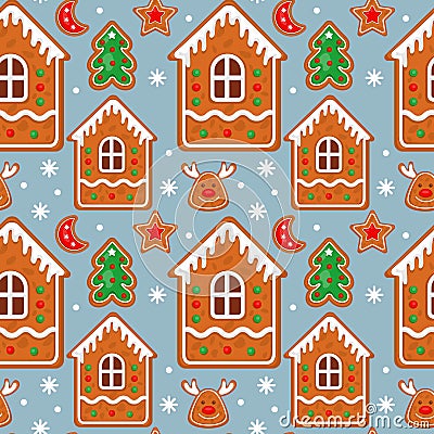 Christmas cookie house, village pattern. Cute snowy home, sweet noel ornament, decorative winter city. Decor textile Vector Illustration