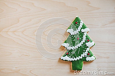 Christmas cookie X mas tree on wooden background Holiday festival Stock Photo